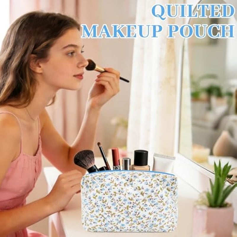 URSKYTOUS Cotton Quilted Makeup Bag Small Cosmetic Bag Floral Puffy Cute Travel Makeup Organizer Coquette Toiletry Makeup Pouch Aesthetic Portable Zipper Storage Bag for Women Teen Girls Kids (Blue) - Image 2